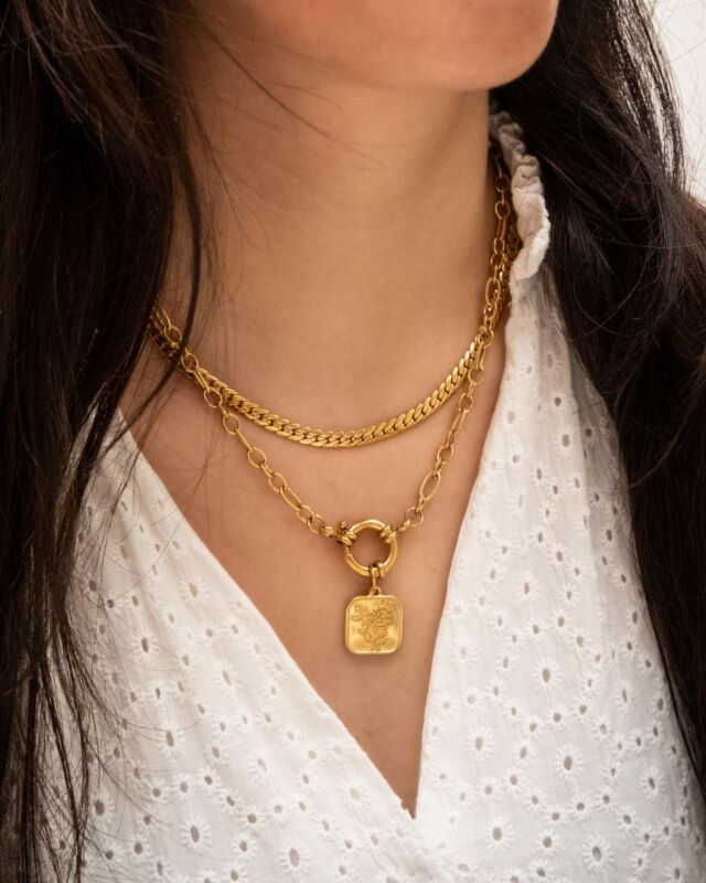 Mooie necklace party om de hals van het model met nieuwe gouden kettingen