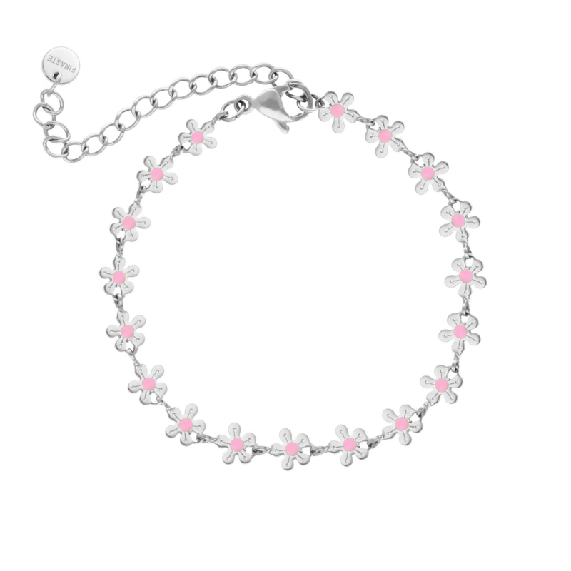 Zilveren enkelbandje met bloemetjes met roze details