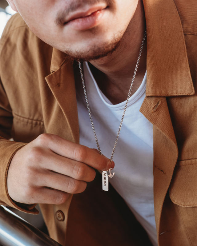 zilveren mannen ketting met anker en gravering