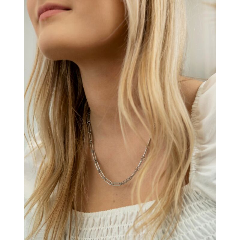 Zilverkleurige long chains ketting om de hals van het model