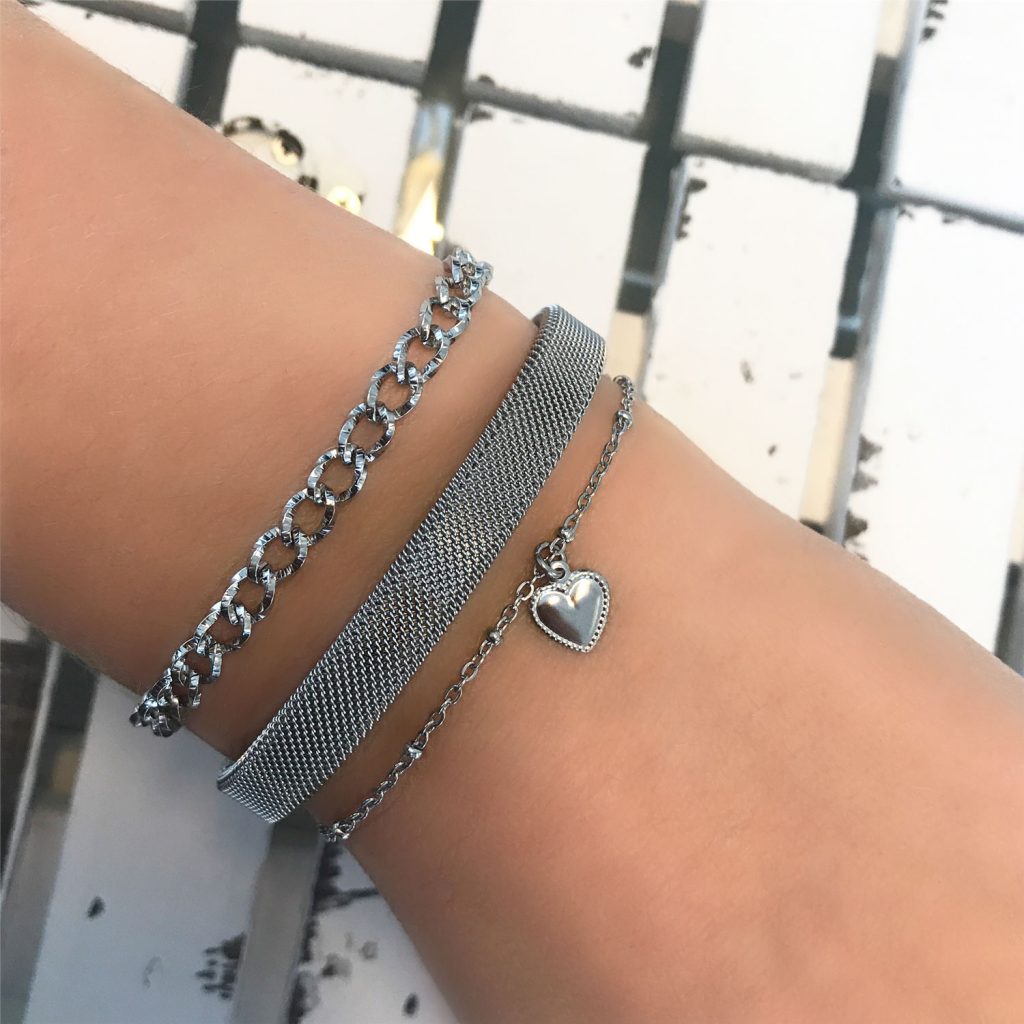 zilveren mesh bangle met schakelarmbandjes