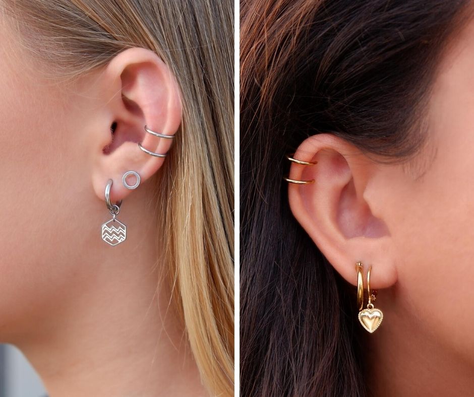 goud en zilveren ear cuff combinatie