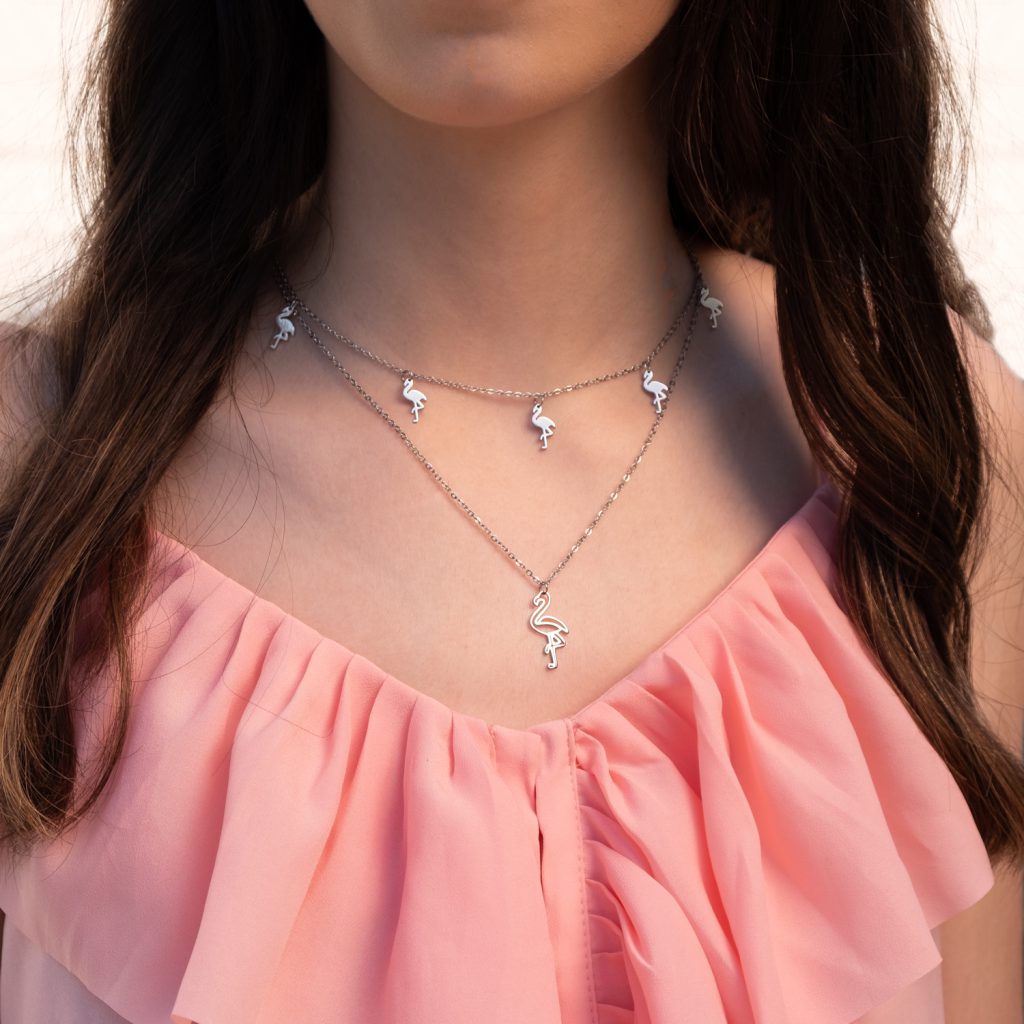 flamingo necklace layer met roze top in de kleur zilver